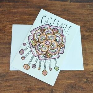 🌻 5/$20 Handmade Floral Zentangle Card- Pink, Orange & Yellow- Get Well Card